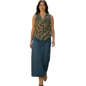 Scott Taylor Floral Vest SZ 8 Green Linen Blend EUC VTG Cottagecore Waistcoat